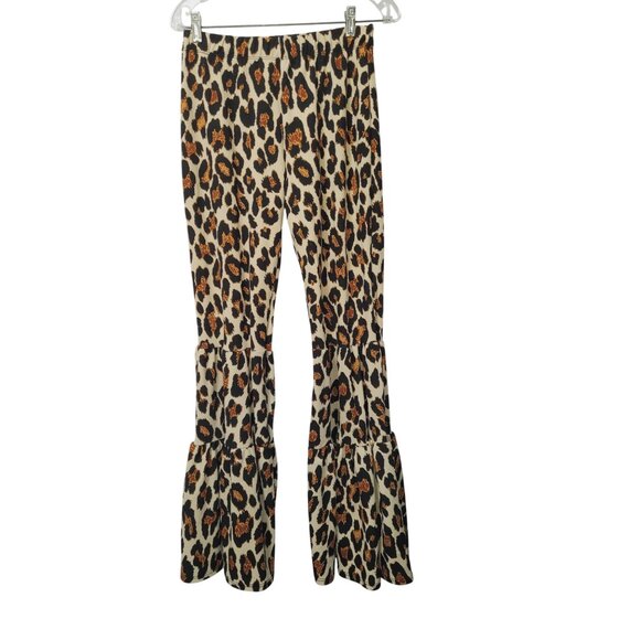Park Avenue Leopard Print Bell Bottom Flare Pants L Pull On Elastic Waist - Picture 2 of 11